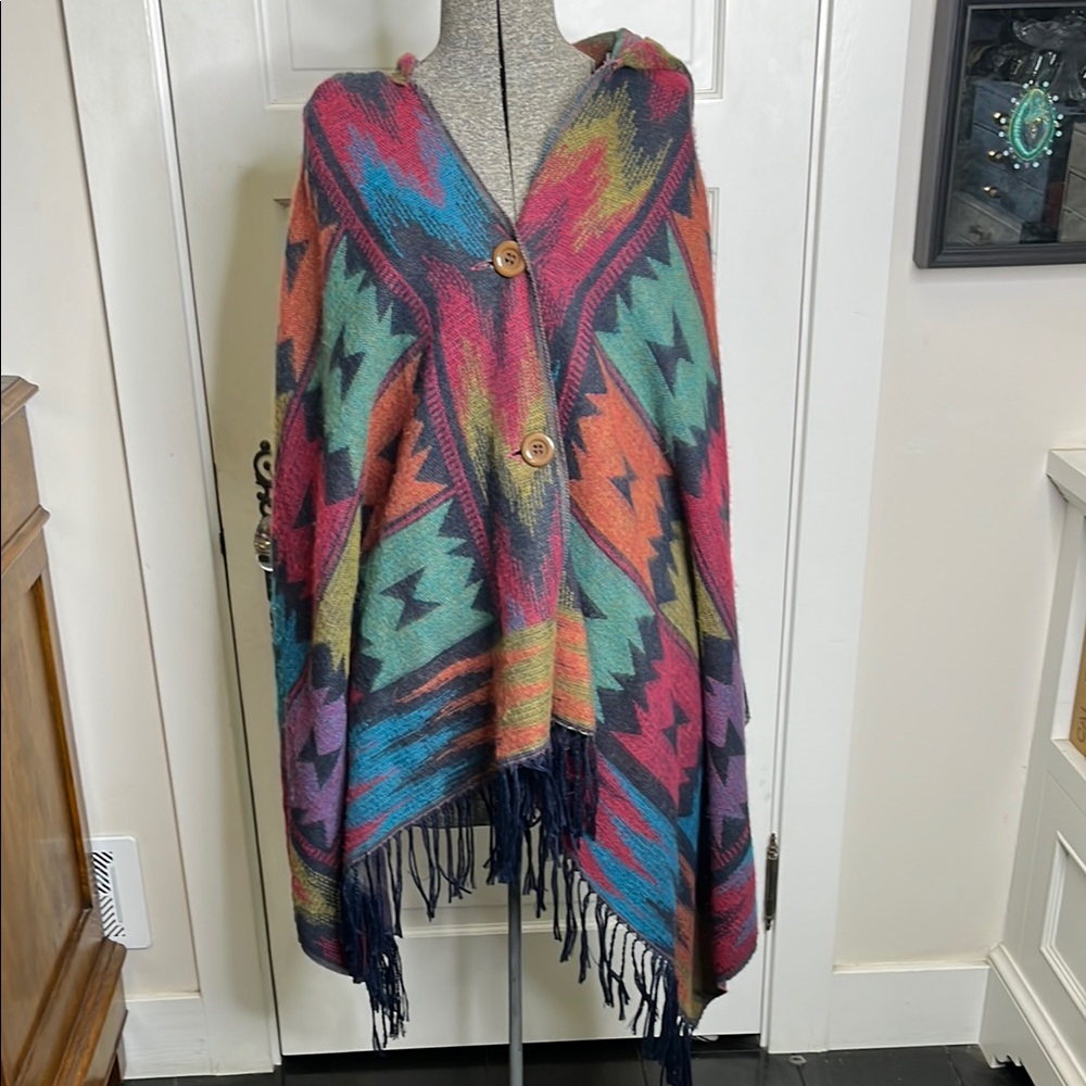 Colorful Geometric Patterned Poncho with Fringe & hood
